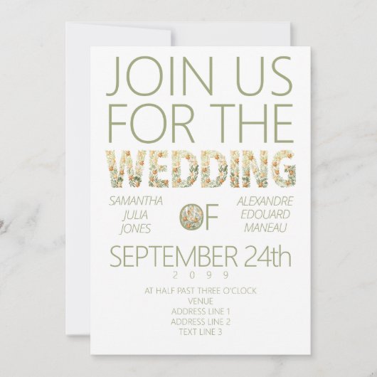 Invitation Gras Rustique moderne Boho Floral Mariage (Devant)