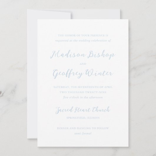 Invitation Gras Script Poudre Bleu Mariage élégant (Devant)