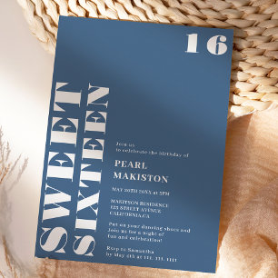Invitation Gras simple blanc bleu doux 16 anniversaire