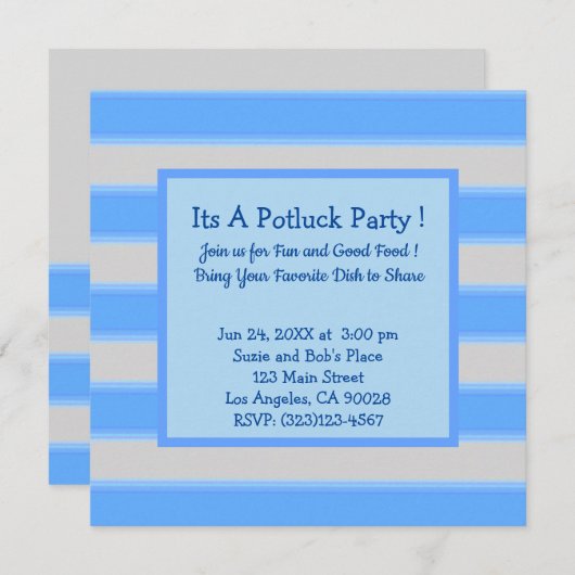 Invitation Gras Simple Stripes Blue Potluck Party (Devant / Derrière)
