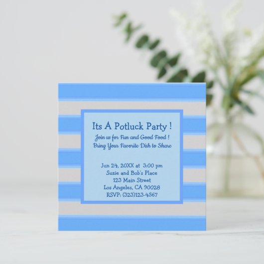 Invitation Gras Simple Stripes Blue Potluck Party (Debout devant)