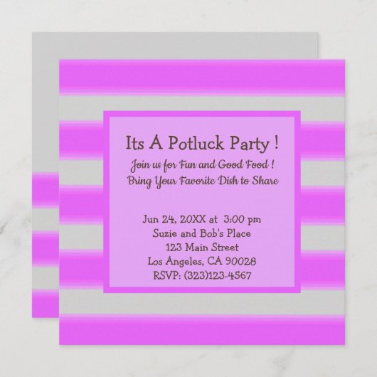 Invitation Gras Simple Stripes Pink Potluck Party (Devant / Derrière)