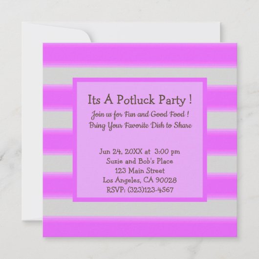 Invitation Gras Simple Stripes Pink Potluck Party (Devant)