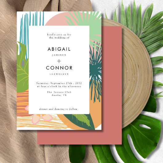 Invitation Gras Tropical Abstrait Coral Mariage Turquoise