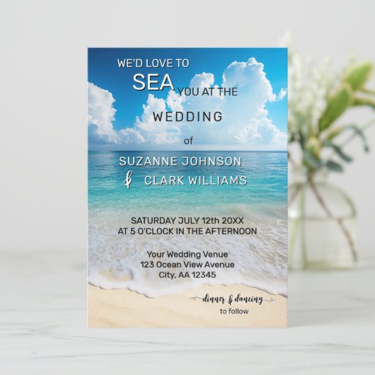 Invitation Gras Turquoise Coastal Beach Mariage (Debout devant)
