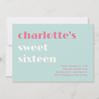 Invitation Gras typographique simple bleu Sweet sixteen rose