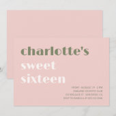 Invitation Gras typographique simple rose vert Sweet sixteen (Devant / Derrière)