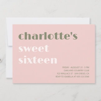 Invitation Gras typographique simple rose vert Sweet sixteen