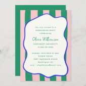 Invitation Gras Vave Bordure Rose Vert Célébration de Graduat (Devant / Derrière)