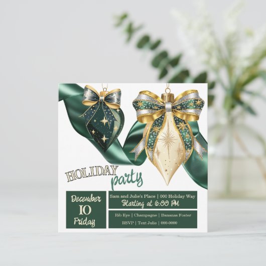 Invitation Gras Vert et Or Vacances Baubles avec Ruban (Debout devant)