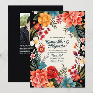 Invitation Gras Vibrant Floral Fiesta Mariage Photo & QR Code