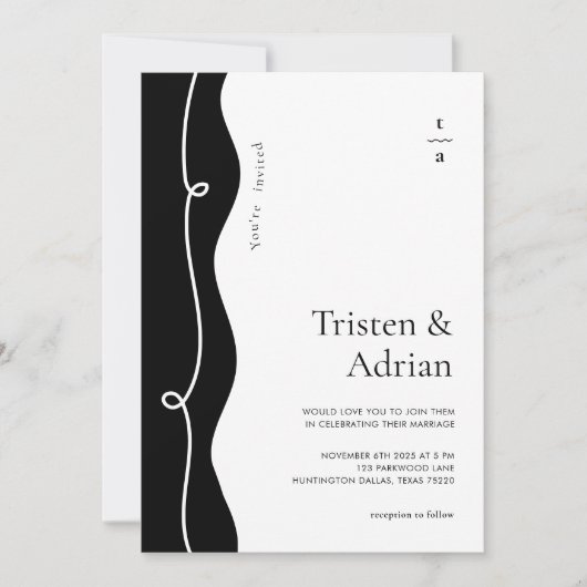 Invitation Gras Wavy Side Frame Squiggle Mariage moderne (Devant)