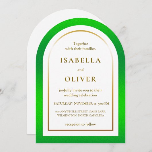 Invitation Grass green and golden gradient frame wedding (Devant / Derrière)