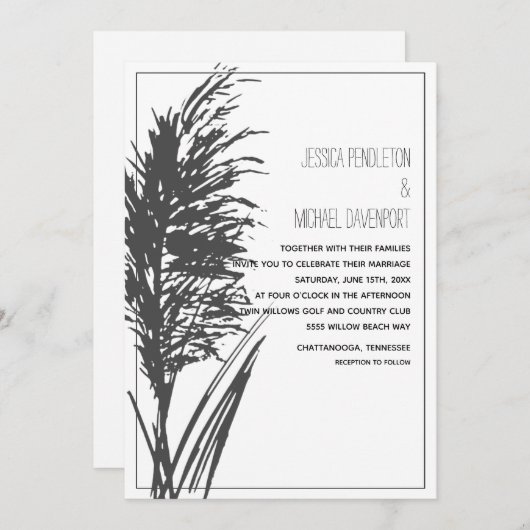 Invitation Grass Pampas noir sur Mariage blanc (Devant / Derrière)