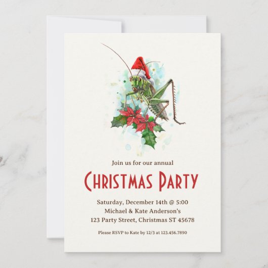 Invitation Grasshopper Santa Hat Poinsettias Noël (Devant)