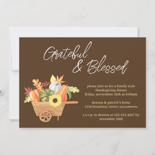 Invitation Grateful Bienheureux Citrouille Wheelbarrow Thanks (Devant)