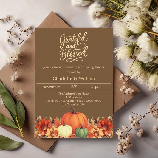 Invitation Grateful citrouille brun Thanksgiving
