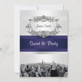 Invitation Gravé NYC Skyline 2 Blanc, Ruban Bleu Sweet 16