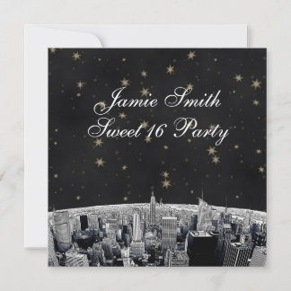 Invitation Gravé NYC Skyline 2 Noir Or Étoile Sweet 16