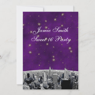 Invitation Gravé NYC Skyline 2 Violet Or Étoile Douce 16 V