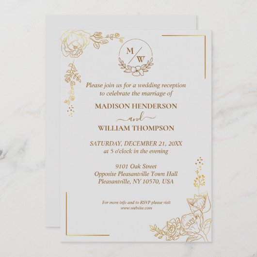 Invitation Graving Golden Floral Mariage Réception (Devant / Derrière)