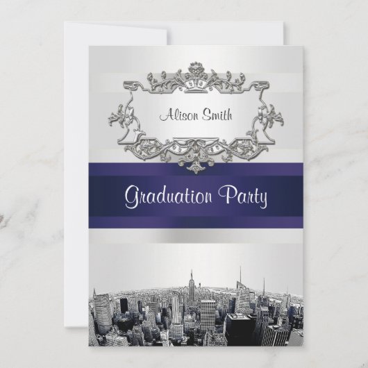 Invitation Gravure de la skyline de NYC 2 fond blanc ruban bl (Devant)