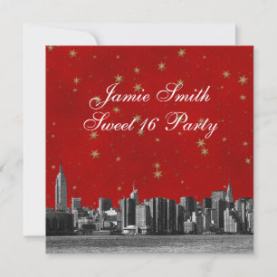 Invitation Gravure de la skyline de NYC #3 Étoile dorée rouge
