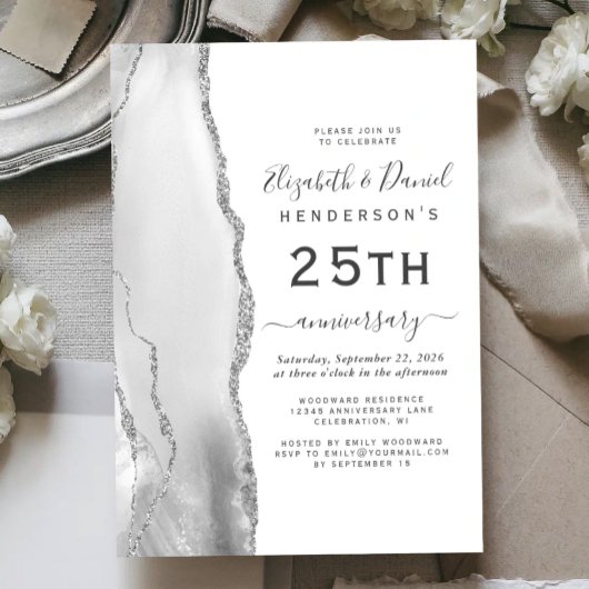 Invitation Gray Agate Argent 25e Anniversaire