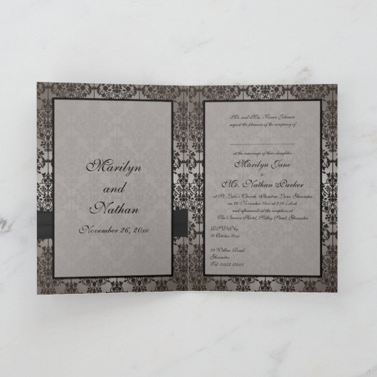 Invitation Gray and Black Damask Card Style Mariage Inviter (Intérieur)