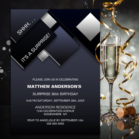 Invitation Gray Black Surprise 80e fête d'anniversaire