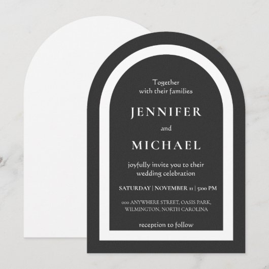 Invitation Gray black white text wedding (Devant / Derrière)