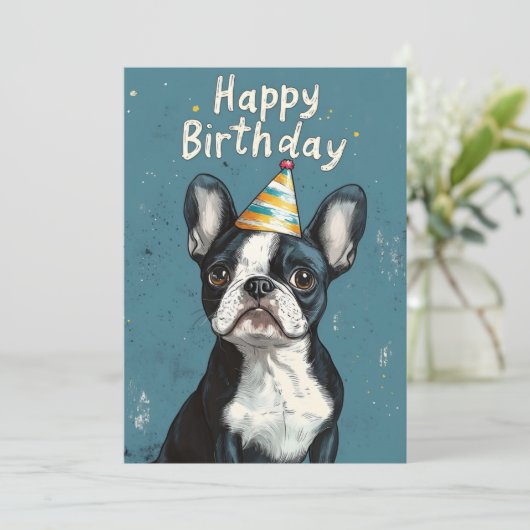 Invitation Gray-Blue Boston Terrier fête d'anniversaire (Debout devant)