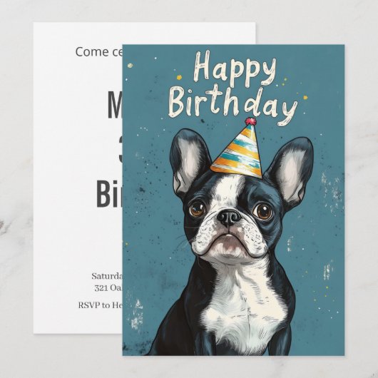 Invitation Gray-Blue Boston Terrier fête d'anniversaire (Devant / Derrière)