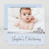 Invitation Gray Blue Damask Boys Photo Christening (Devant / Derrière)