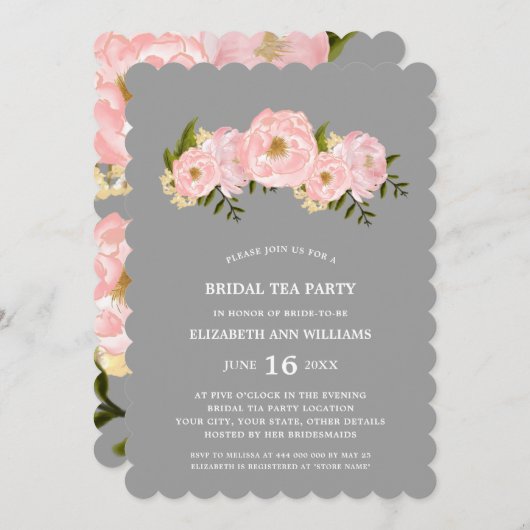 Invitation Gray | Blush Pink Peonies fête de thé nuptiale (Devant / Derrière)