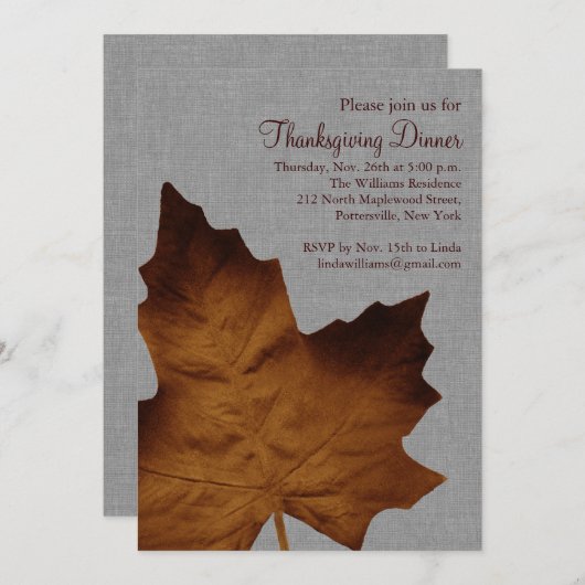 Invitation Gray Fall Maple Leaf Dîner d'action de grâce (Devant / Derrière)
