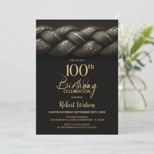Invitation Gray Gold Braid 100e fête d'anniversaire (Debout devant)