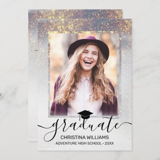 Invitation Gray Gold Sparkles Photo Virtual Graduation Party (Devant / Derrière)