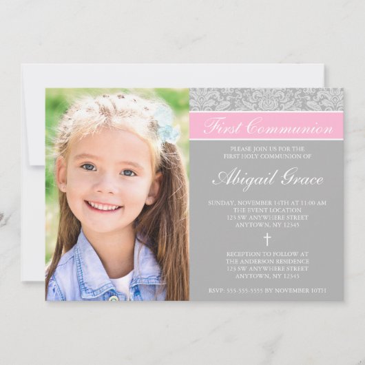 Invitation Gray rose Damask Girl Photo Première communion (Devant)
