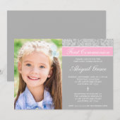 Invitation Gray rose Damask Girl Photo Première communion (Devant / Derrière)