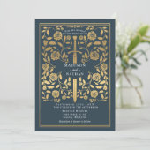 Invitation Gray Royal Medieval Gold Sword Wedding QR Code (Debout devant)
