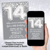 Invitation Gray Silver 14e fête d'anniversaire