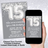 Invitation Gray Silver 15e fête d'anniversaire