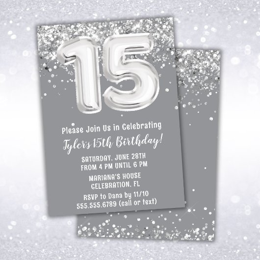 Invitation Gray Silver 15e fête d'anniversaire
