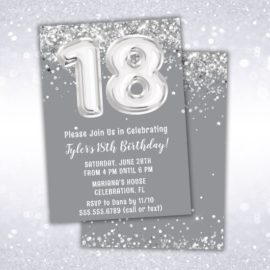 Invitation Gray Silver 18e fête d'anniversaire