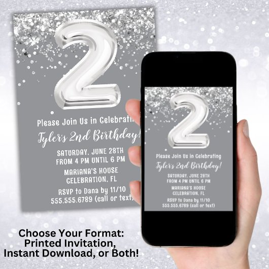 Invitation Gray Silver 2e fête d'anniversaire