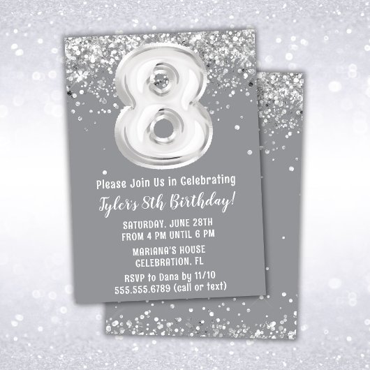 Invitation Gray Silver 8e fête d'anniversaire