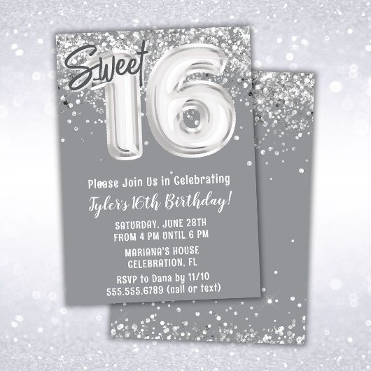 Invitation Gray Silver Sweet 16e fête d'anniversaire