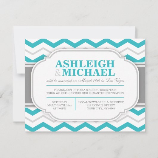 Invitation Gray & Turquoise Chevron Réception de mariage seul (Devant)
