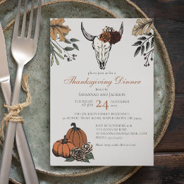 Invitation Gray Western Thanksgiving Cow Skull Fall Harvest